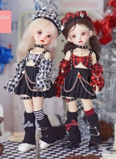 ドール用服 衣装セット 白黒 黒赤チェック柄 1/6サイズ 女の子用 球体関節人形用 BJD用