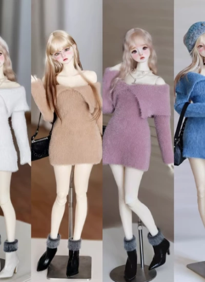 BJD Clothes Blue Pink Purple Girl Collared Knit Dress for MSD/SD Size Ball Jointed Doll