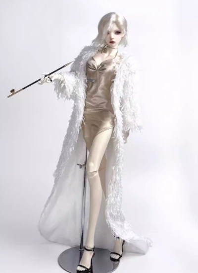 YEEVENTIDUE BJD Clothes Champagne Slit Dress with White Feather coat for DZ70/DZ71/IMPL68 Size Ball Jointed Doll