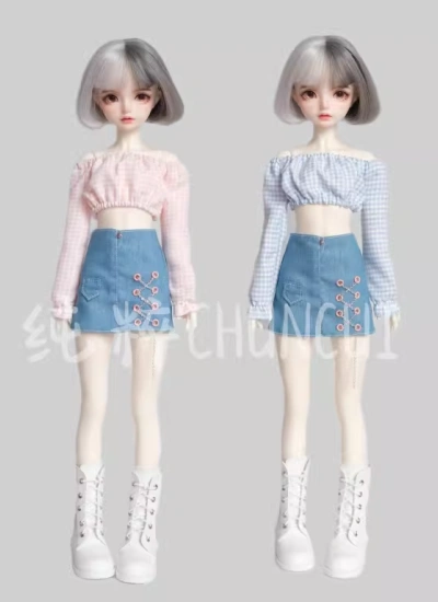 BJD Clothes Off-shoulder Top A-line Denim Skirt for OB24 1/6 1/4 1/3 Ball-jointed Doll