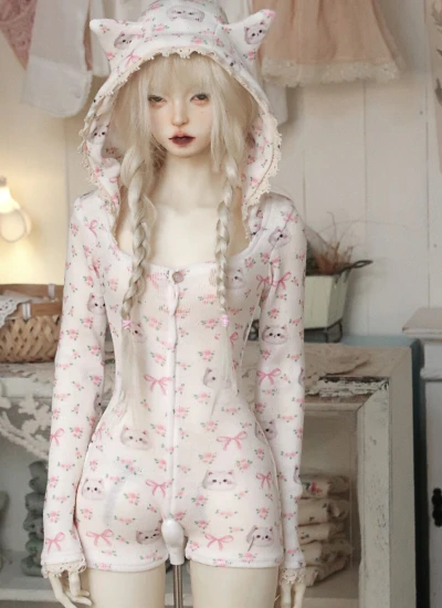 BJD Clothes Kitten Ear Floral Print Jumpsuit for 1/4 1/3 Ball-jointed Doll