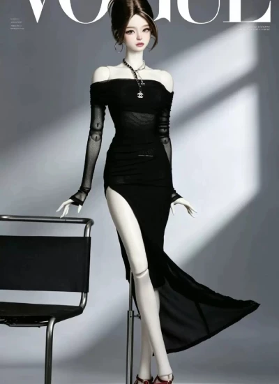 BJD Clothes [Urban Muse] Black Off-shoulder Slit Dress for 1/3 Ball-jointed Doll