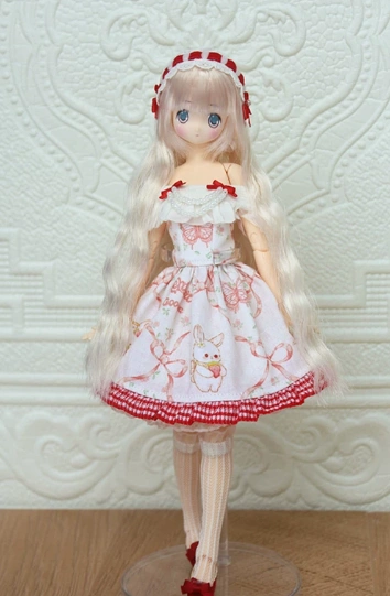 BJD Clothes Cute Plaid Strawberry Rabbit Dress Doll Outfit Set for OB27 Size Ball-jointed Doll