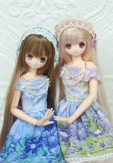BJD Clothes Vintage Oil Painting Tone Blue & Purple Twin Dresses Doll Outfit Set for OB27 Size Ball-jointed Doll