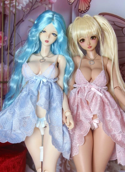 BJD Clothes Blue & Pink Twin Floral Embroidered Lace Nightgown Set for MSD/SD Size Ball-jointed Doll