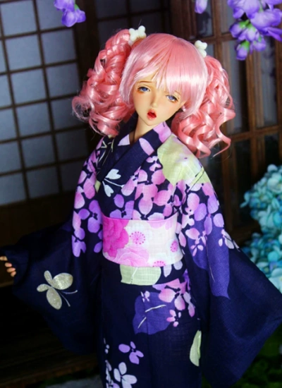 BJD Clothes Dark Blue Hydrangea Print Yukata Kimono for MSD/SD Size Ball-jointed Doll