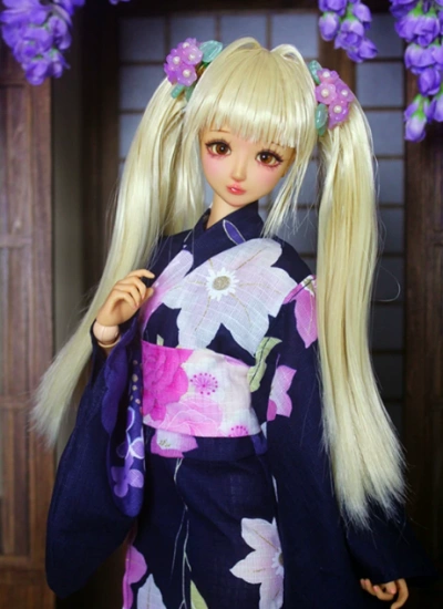 BJD Clothes Dark Blue Narcissus Print Yukata Kimono for MSD/SD Size Ball-jointed Doll