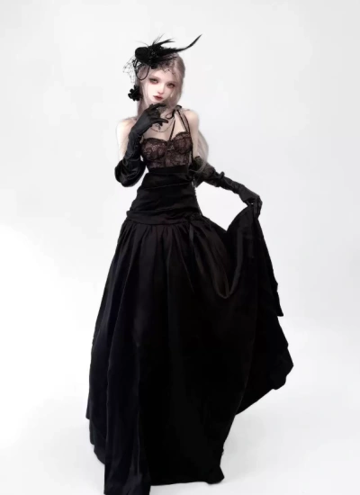 YEEVENTIDUE BJD Clothes Black Lace Satin Maxi Gown for SD/DZ 70cm/IMPL68 Size Ball Jointed Doll