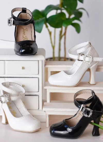BJD Shoes Patent Leather Rhinestone Black And White Mary Jane Strappy Stiletto Heels for MSD Size Ball-jointed Doll