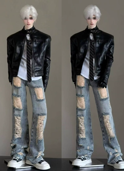 BJD Clothes Straight-Leg Washed Ripped Jeans Set for ID75 Size Ball-jointed Doll