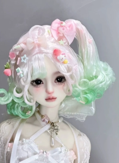 You Ni BJD Pink Green Gradient Curly Short Ponytail for 1/3 1/4 1/6 Ball-jointed Doll