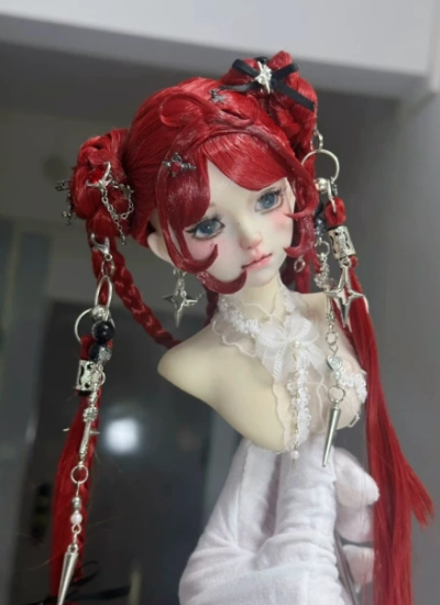 You Ni BJD Long Hair Mermaid Red Chain Double Ponytail Bun Wig for 1/3 1/4 1/6 Ball-jointed Doll