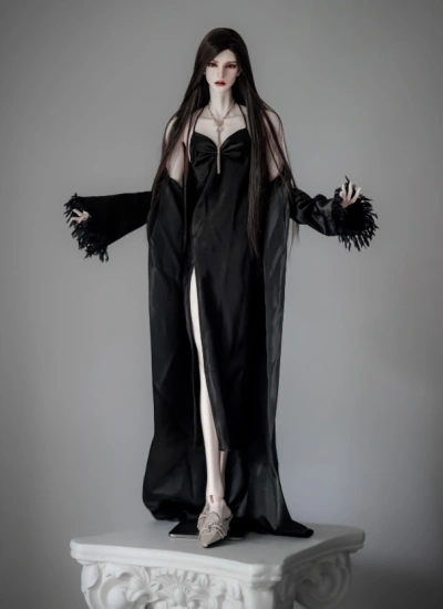 YEEVENTIDUE BJD Clothes Black Split Satin Dress + Long Black Robe + Black Feather Shawl for ID75 Size Ball Jointed Doll