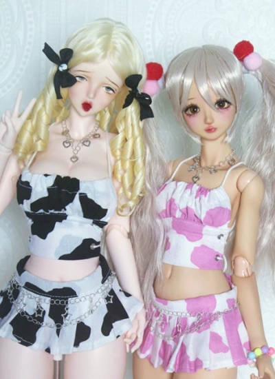 BJD Clothes Girl Y2k Pink Black Twin Cow Print Skirt Set for AP Size Ball-jointed Doll