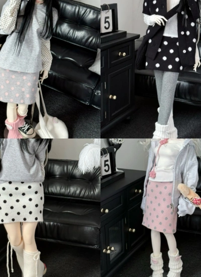 TBdoll BJD Clothes Black White Pink Gray Polka Dot Knit Midi Skirt for SD16/62cm/68cm/71cm/73cm Size Ball Jointed Doll