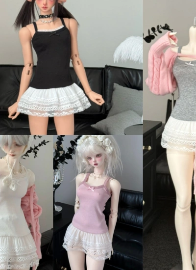 TBdoll BJD Clothes Black White Pink Gray Small V Strap Lace Trim Skirt for SD16/62cm/68cm/71cm/73cm Size Ball Jointed Doll