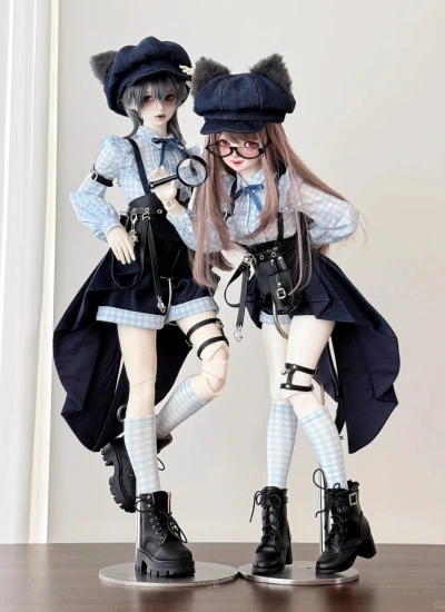 BJD Clothes【Detective Cat】British Sweet Cool Detective Style Doll Outfit Set for Large MSD/MSD Size Ball-jointed Doll