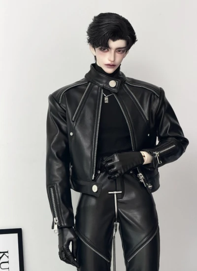 YMJ Clothing BJD Biker Style Cropped PU Leather Jacket Pants Set for 70cm 75cm 77cm Size Ball-jointed Doll