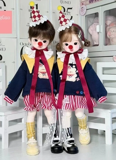 TangGuo BJD Clothes Circus Bear Hoodie Jester Hat Twin Fantasy Couple Outfit Set for 1/6 Size Ball Jointed Doll