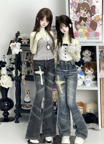 BJD Clothes Vintage Washed Cross Bootcut Jeans Set for SD/MSD Size Ball-jointed Doll