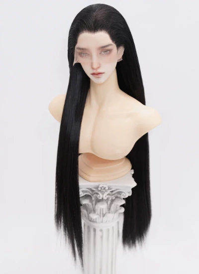 BJD Wig Long Black Full Hand‑Painted Skin Texture Three‑Point Hair Block Hair Sculpt Wig for 75cm Size Ball-jointed Doll