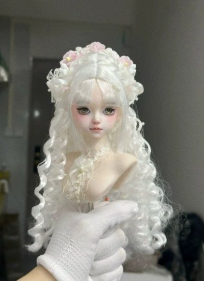 ドール用ウィッグ ホワイト 花仙子 ロングパーマ YOSD/MSD/小顔SD/SDサイズ用 BJD用