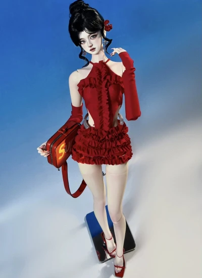 BJD Clothes Red Off Shoulder Bodysuit Bodycon Skirt for 1/4 1/3 Size Ball Jointed Doll