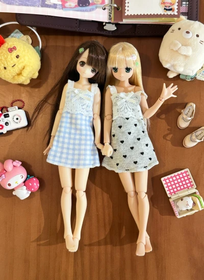 BJD Clothes Plaid Floral Double Strap Cami Dress for AZONE Size Ball Jointed Doll