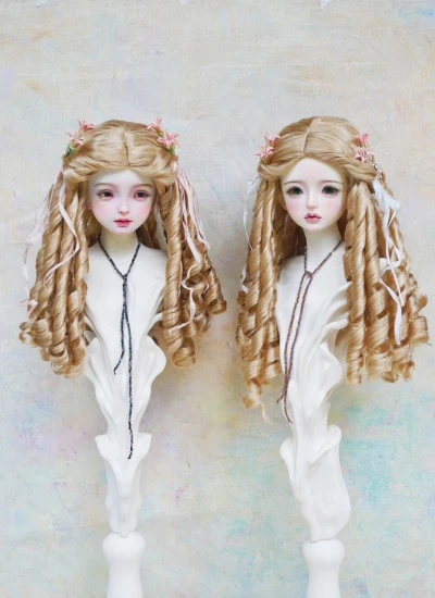 NO.5 BJD Golden Synthetic Mohair Long Curly Wig Handmade Wrapped Silk Flowers for 1/4 1/3 Ball-jointed Doll