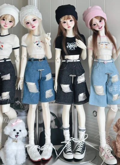 BJD Clothes Five-quarter Length Ripped Pants T-shirt for OB24 1/6 1/4 1/3 Ball-jointed Doll